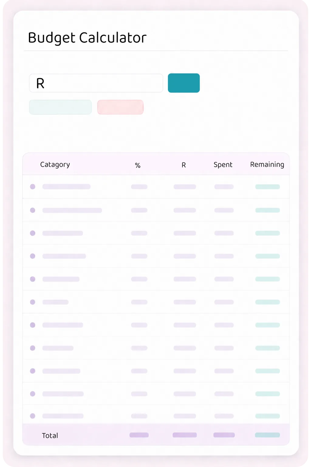 The Madly budget calculator, splitting a wedding budget across categories with running totals