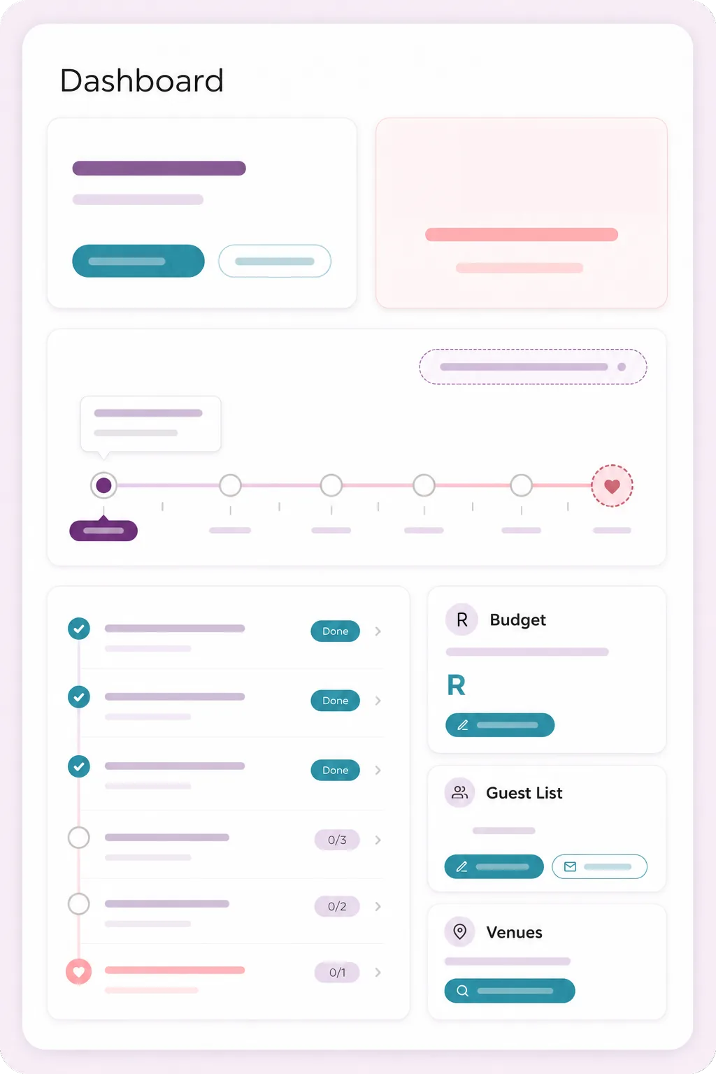The Madly dashboard, showing a wedding timeline, task list, budget and guest list at a glance